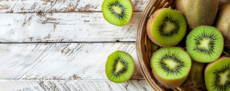 Top view of a wooden basket containing vibrant kiwis, with ample text space on a light wooden background.の素材