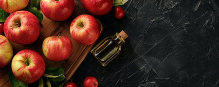 Top view of apples and oil on a wood board against a black background. The crisp apples stand out, emphasizing healthy eating. Space for text included.の素材