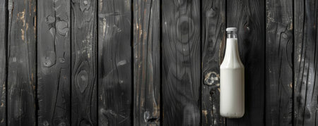 Bottle of fresh milk on a black wooden background, with the texture of the wood enhancing the creamy white color of the milk.の素材