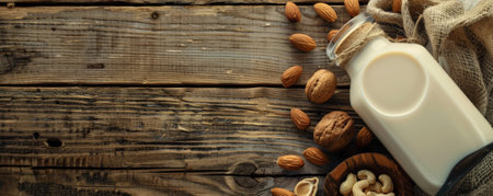 A rustic wooden background with a bottle of nut milk and a handful of nuts. The natural texture of the wood enhances the wholesome, creamy appearance of the milk, perfect for health-focused themes.の素材