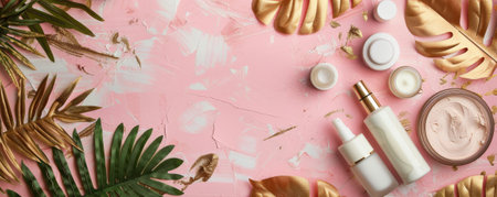 An overhead shot of various spa beauty products on a pink surface, complemented by gold tropical foliage. The spacious design allows for text or other elements.の素材