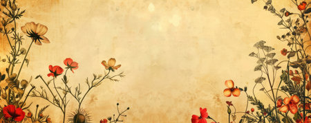 Hand-drawn vintage floral frame on a golden dust background, ideal for creating elegant and sophisticated design pieces.の素材