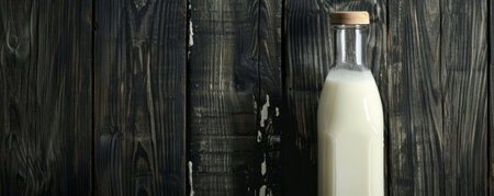 Fresh milk in a transparent bottle against a black wooden background, highlighting the creamy texture of the milk against the dark wood.の素材