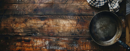 Overhead shot of a rustic wooden table with a checkered tablecloth and an old pan. The setup exudes a sense of warmth and homeliness.の素材