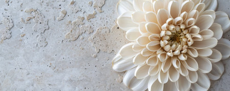 A chrysanthemum with a concrete backdrop and an empty wall. The intricate, layered petals of the flower add a touch of detail and interest to the minimalist flat lay image.の素材