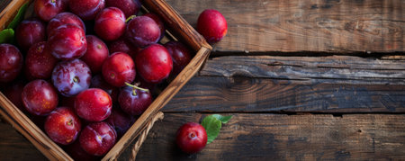 A wooden basket brimming with nutritious plums, top view, with text space on a rustic wooden table background.の素材