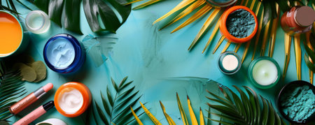 An overhead shot of various spa beauty products on a vibrant color surface, complemented by tropical foliage. The spacious design allows for text or other elements.の素材