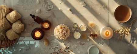 A flat lay of premium spa products, such as rich body lotions, fragrant candles, and a soft loofah, elegantly placed on a smooth stone surface.の素材