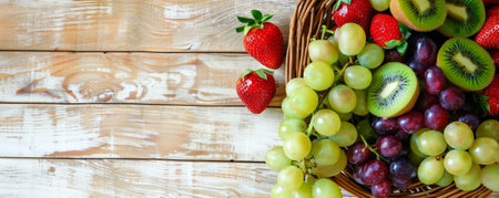 Fresh organic fruits such as grapes, kiwis, and strawberries spilling out of a wooden basket, top view, with ample text space on a light wooden background.の素材
