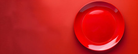 Celebration concept with blank red plate on red table from above. Space for text.の素材
