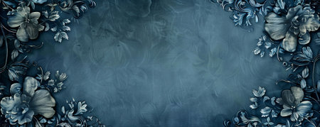 Intricately detailed vintage floral frame, hand-drawn on an indigo dust background, ideal for luxurious and classic design projects.の素材