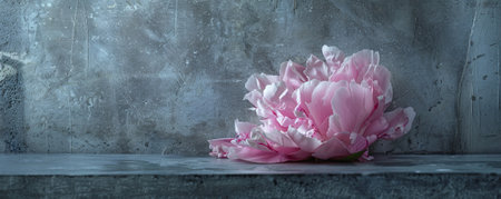A peony with a concrete backdrop and an empty wall. The lush, pink petals of the flower add a touch of softness and beauty to the stark, gray background.の素材