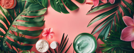 Aerial shot of various spa beauty products on a colorful background, adorned with tropical foliage. The arrangement offers plenty of space for text or creative overlays.の素材