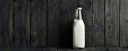 Milk in a transparent bottle set against a black wooden background. The rich texture of the wood enhances the pure white color of the milk.の素材