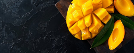 Top view of mango slices and butter on a wood board against a black background. The tropical mango slices add vibrancy, promoting healthy eating. Plenty of rooms for text.の素材
