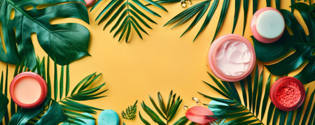 Top down view of beauty products for spa treatments on a colorful surface with tropical foliage. The layout offers plenty of space for text or creative elements.の素材