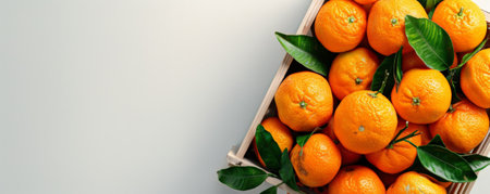 Fresh organic oranges in a wooden basket, viewed from above, with a clean, white background and space for text.の素材