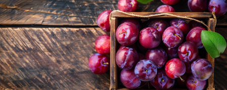 Top view of a wooden basket filled with fresh, juicy organic plums. The vibrant colors and natural arrangement offer plenty of space for text to emphasize their nutritious qualities.の素材