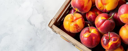 Top view of a wooden basket filled with colorful nectarines, with plenty of text space on a clean, white backdrop.の素材