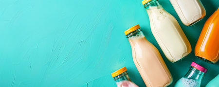 Trendy fermented dairy drinks with probiotics poured from glass bottles on a cool turquoise background. The vibrant hue adds a modern and fresh touch to the presentation.の素材