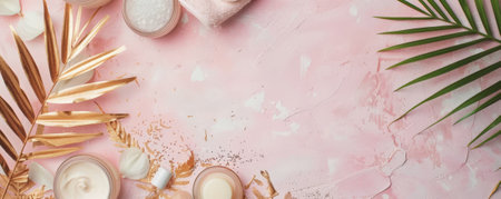 Top down view of an assortment of spa beauty products arranged on a soft pink surface, accompanied by luxurious gold tropical foliage. Plenty of space for text or design elements in the spacious layout.の素材