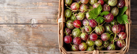 A top-down view of a wooden basket filled with fresh organic gooseberries, with ample text space on a light wooden background.の素材