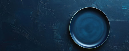 Festive scene with a blank navy plate on a navy table, viewed from above. The dark navy provides a classic and elegant look. Space for text is included.の素材