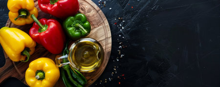 Top view of bell peppers and oil on a wood board against a black background. The colorful bell peppers add vibrancy, promoting healthy eating. Ample space for text.の素材