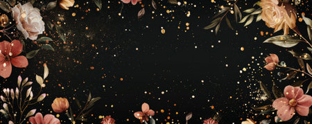 Delicate hand-drawn vintage floral frame on black, sprinkled with gold dust, perfect for sophisticated and high-end design applications.の素材