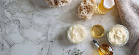 A top-down view of luxurious spa products, including a jar of body butter, massage oils, and a sea sponge, all elegantly arranged on a marble surface.の素材