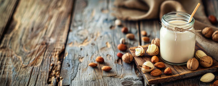 Nut milk in a glass jar on a wooden background, surrounded by nuts. The rough wood surface highlights the smooth, creamy quality of the milk, perfect for healthy themes.の素材