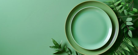 Celebration setup with a blank green plate on a green table, viewed from above. The lush green hues give a fresh look. Text space available.の素材