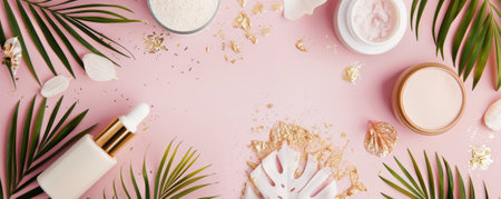 Spa beauty products spread out on a pastel pink surface with shiny gold tropical foliage. The top down view provides plenty of space for text or additional design elements.の素材