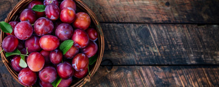 Top down view of fresh organic plums arranged in a wooden basket. The natural, vibrant colors create a beautiful scene with plenty of space for text to highlight their nutritious benefits.の素材