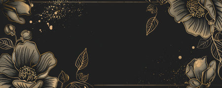 Beautifully crafted vintage floral frame, hand-drawn on a black background with gold dust details, suitable for various elegant and artistic designs.の素材