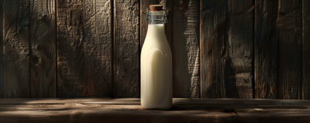 Bottle of milk on a dark wooden background, with shadows enhancing the contrast between the creamy white milk and the rich texture of the wood.の素材