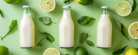 Trendy fermented dairy drinks with probiotics poured from glass bottles on a lime green background. The vibrant, energetic color makes the drinks look even more appetizing.の素材