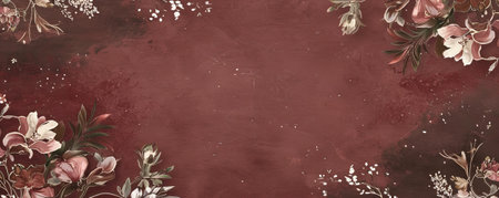 A hand-drawn vintage floral frame on a maroon dust background, perfect for various elegant and sophisticated designs.の素材