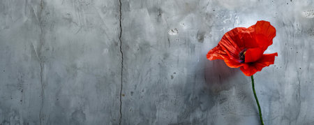 A poppy with a concrete backdrop and an empty wall. The vibrant red petals create a striking contrast against the rough, gray background.の素材