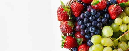Fresh organic fruits like strawberries, blueberries, and grapes spilling out of a wooden basket, viewed from above, with a clean, white background and space for text.の素材