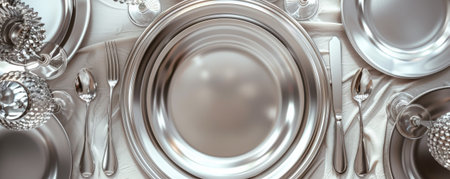 Party design with a blank silver plate on a silver table, seen from above. The metallic silver adds a touch of glam. Text space available.の素材