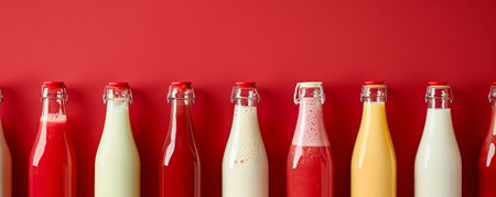 Trendy fermented dairy drinks with probiotics poured from glass bottles on a bright red background. The bold backdrop enhances the visual appeal, making the drinks look even more appetizing.の素材