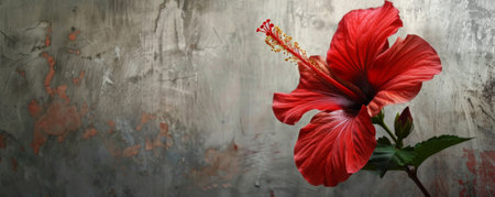 A hibiscus with a concrete backdrop and an empty wall. The bold, red petals and prominent stamen of the flower stand out against the neutral backdrop.の素材