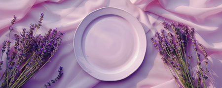 Party theme with a blank lavender plate on a lavender table, seen from above. The light lavender adds a touch of elegance. Ample space for text.の素材