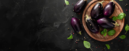 Top view of eggplants and oil on a wood board against a black background. The vibrant eggplants add a pop of color, promoting healthy eating. Text space available.の素材