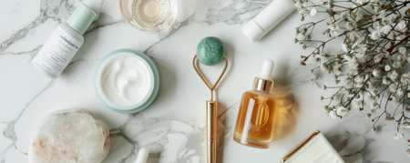 A top-down view of a selection of skincare essentials, such as a nourishing cream, face serum, and jade roller, neatly displayed on a marble surface.の素材