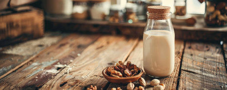 A wooden background with a jar of nut milk and a handful of nuts. The rough texture of the wood complements the creamy, nutritious milk, ideal for promoting a healthy lifestyle.の素材