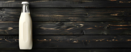 Bottle of milk on a black wooden background, with light reflections. The contrast between the white milk and the dark wood creates a striking and elegant look.の素材