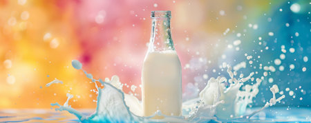 Milk in a glass bottle on a bright color background, surrounded by milk splashes. The vibrant colors make the milk stand out, highlighting its purity and freshness.の素材