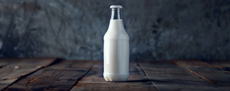 Bottle of milk on a dark wooden surface, with light reflections. The dark background makes the white milk stand out, creating a refined and elegant aesthetic.の素材